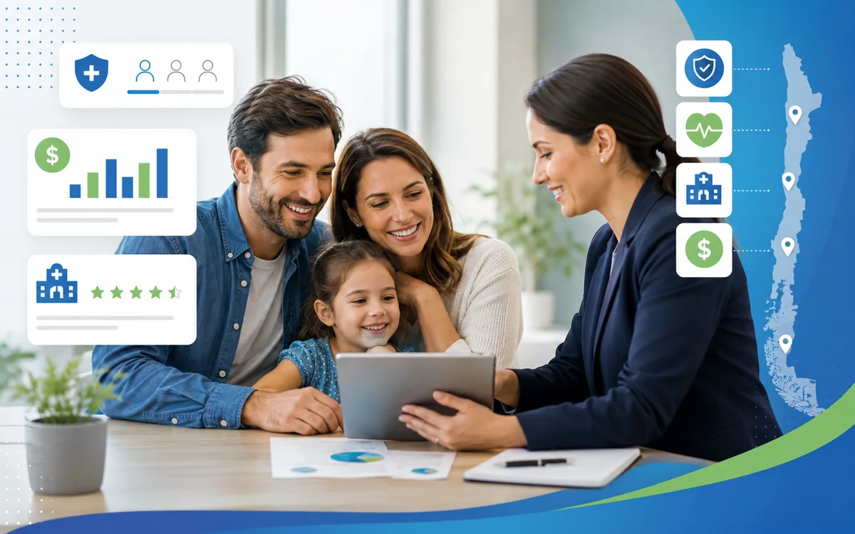 Familia junto a una asesora revisando cobertura, clínicas y presupuesto de un Plan de Isapre.