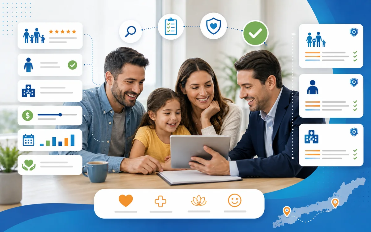 Familia recibiendo orientación para priorizar un Plan de Isapre según sus necesidades.