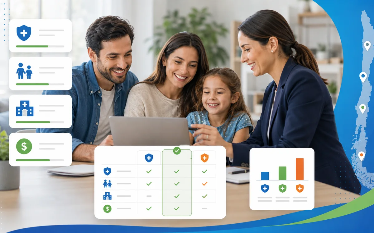Familia chilena recibiendo orientación para comparar Planes de Isapre mediante una experiencia digital clara.